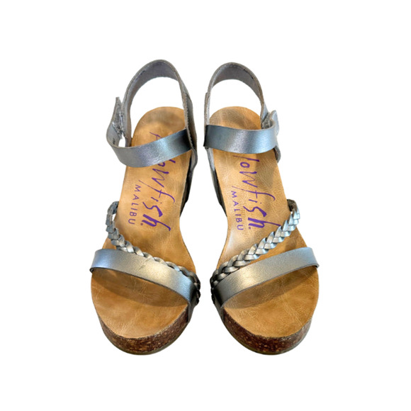 Blowfish Malibu Sandals Wedge Platform Faux Leather Silver Strappy Metallic 8.5 - Picture 3 of 10